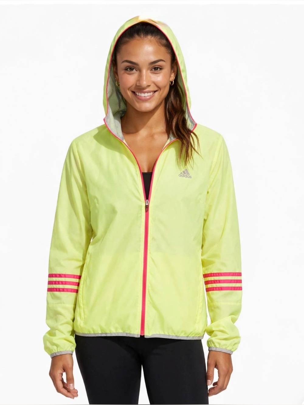 Adidas Climaproof Neon Yellow Pink Stripe Hooded Windbreaker Jacket Women's M